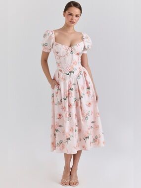 House of CB LULABELL Peach Floral Cotton Puff Sleeve Midi Dress NWT